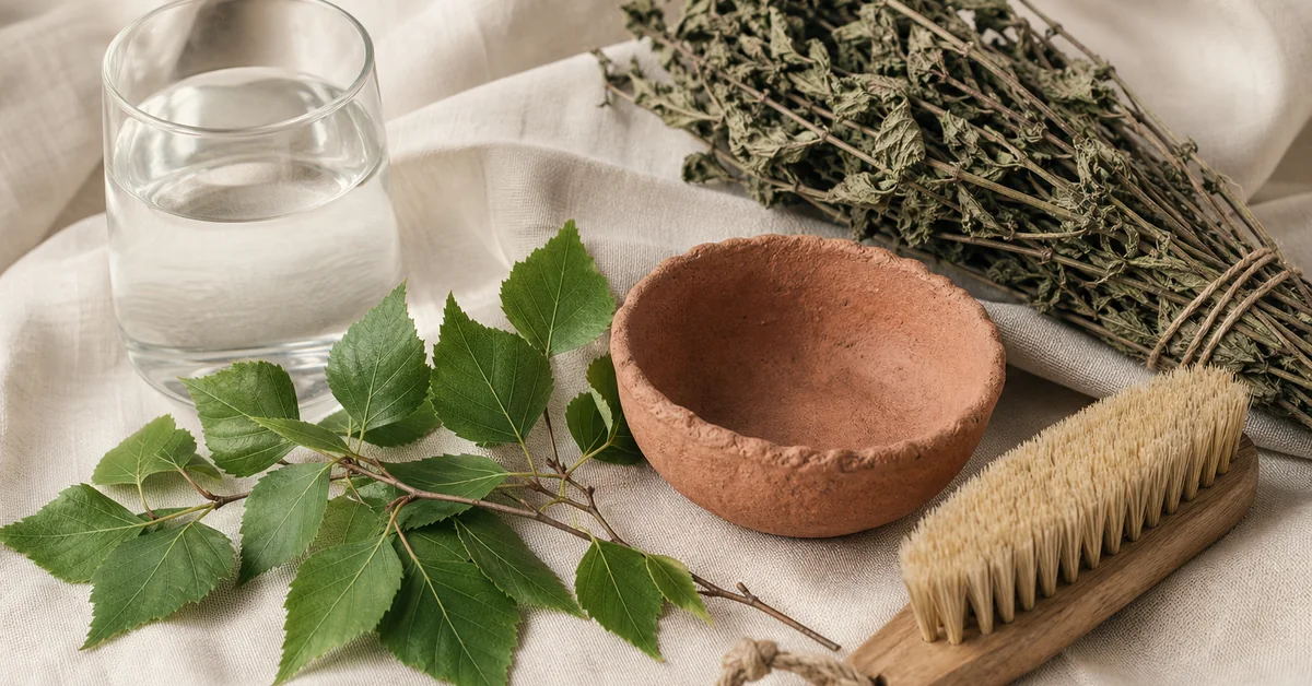 Schröpfgläser aus Glas, getrocknete Kräuter und eine Schale auf einem Leinentuch in warmen Erdtönen – Sinnbild traditioneller ausleitender Verfahren.