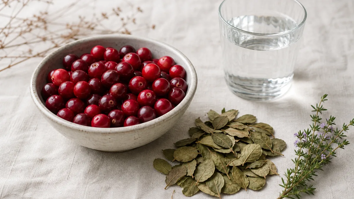 Frische Cranberrys, getrocknete Bärentraubenblätter und ein Glas Wasser auf einem hellen Küchentisch im Morgenlicht