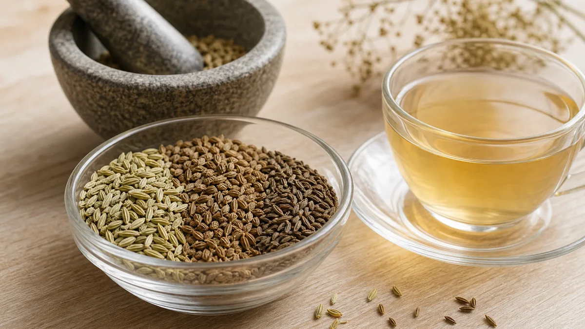 Dampfende Tasse Kräutertee neben einem Holzmörser mit Fenchel-, Anis- und Kümmelsamen auf einem hellen Küchentisch