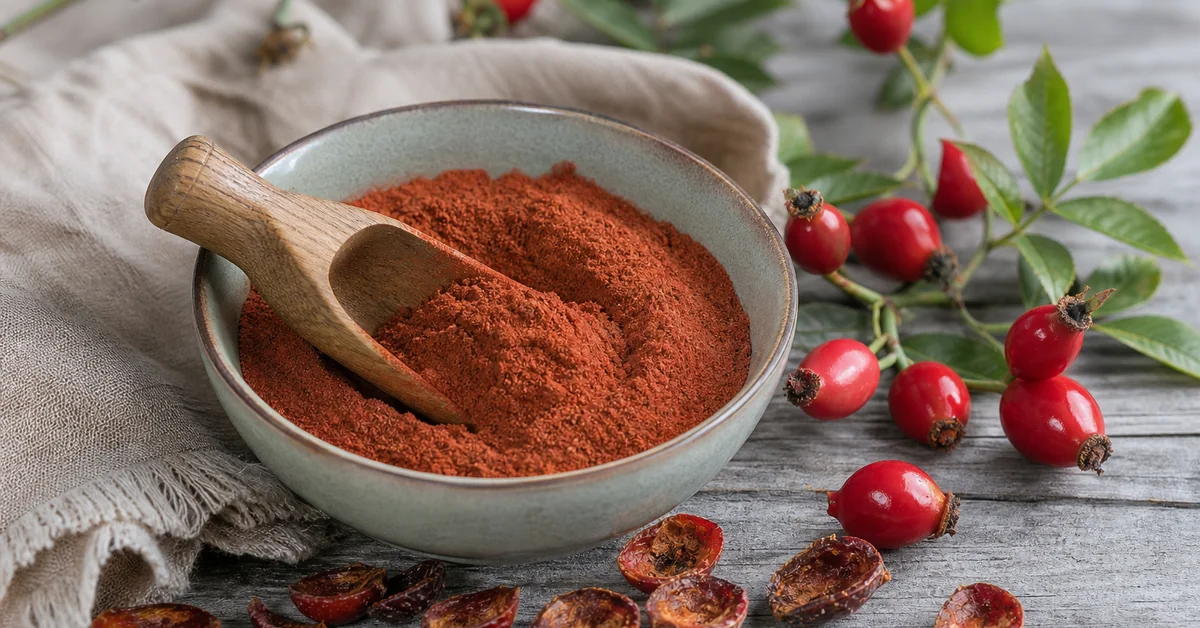 Reife rote Hagebutten an einem Zweig neben einer kleinen Holzschale mit fein gemahlenem, rötlichem Hagebuttenpulver auf einem hellen Holztisch