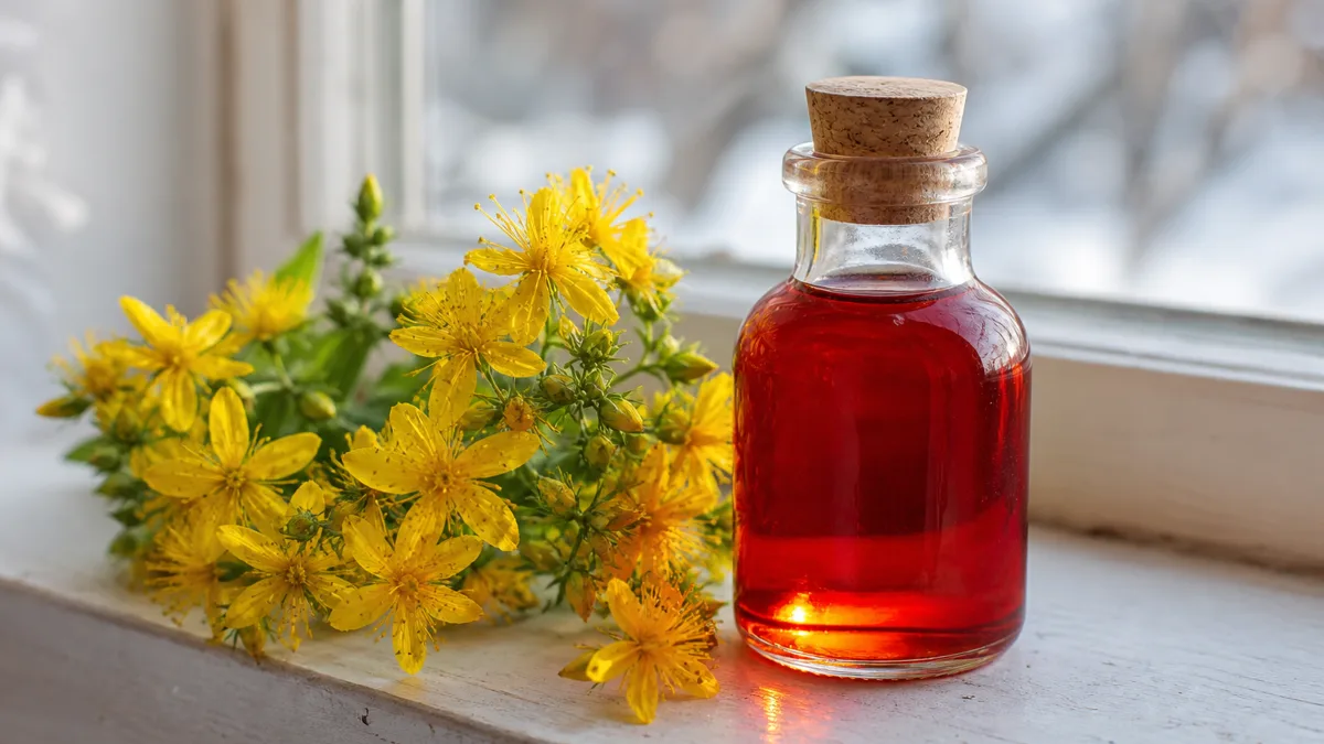 Blühendes Johanniskraut mit gelben Blüten in einem Glas neben einer dampfenden Tasse Tee auf einer hellen Fensterbank im weichen Winterlicht