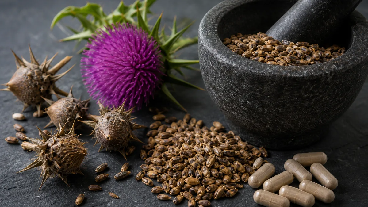 Violett blühende Mariendistel mit stacheligen Blättern neben einer kleinen Holzschale reifer Mariendistelfrüchte auf einem hellen Holztisch im weichen Tageslicht