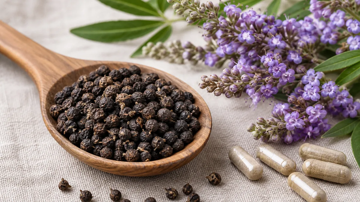Getrocknete Mönchspfeffer-Beeren und ein Zweig mit schmalen Blättern neben einer Tasse Tee auf einem hellen Holztisch im weichen Morgenlicht