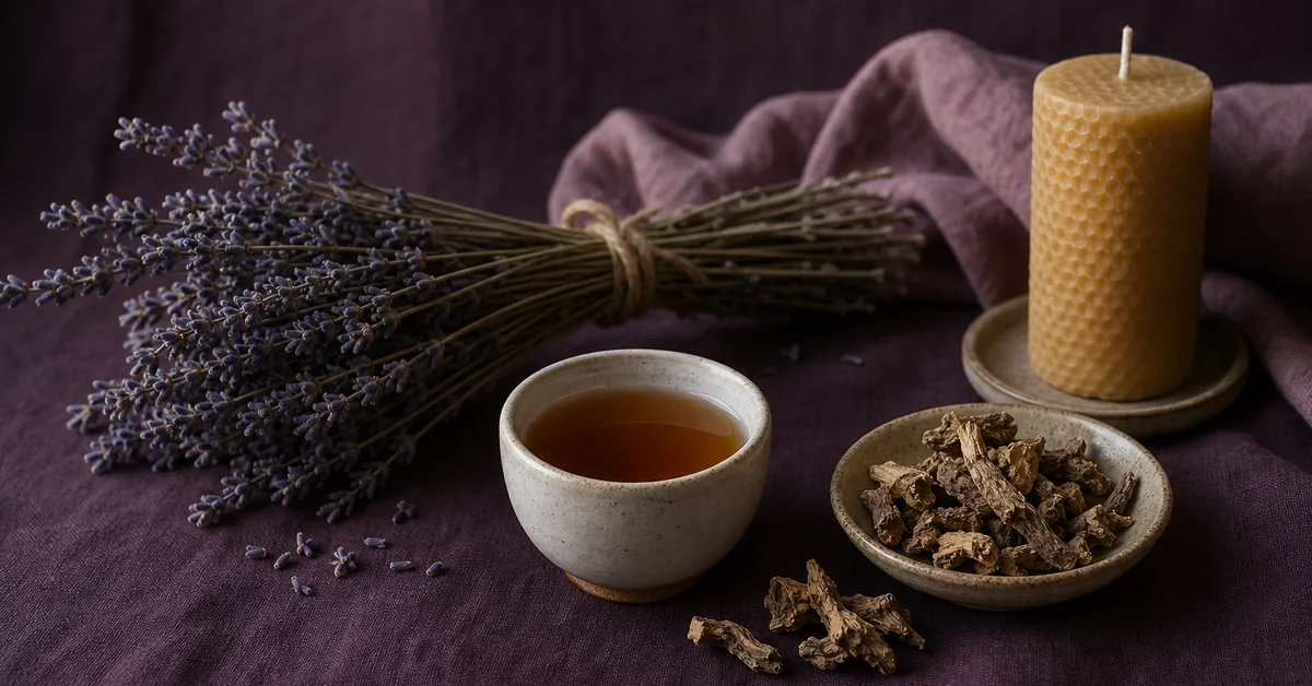 Ruhiges Schlafzimmer mit Lavendel auf dem Nachttisch