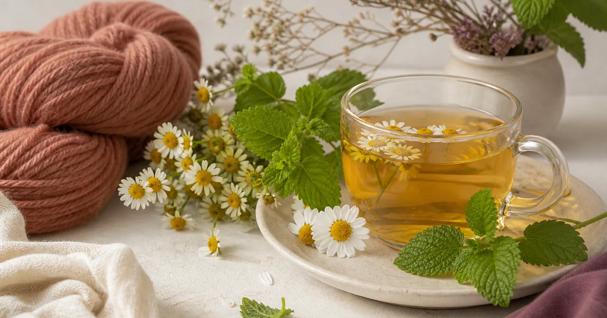 Beruhigender Kräutertee mit Lavendel und Baldrianwurzel auf einem hellen Holztisch – Sinnbild für Naturheilkunde bei Stress.