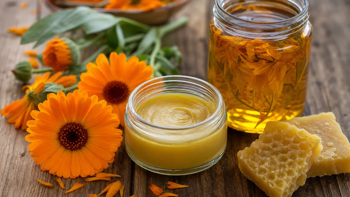 Goldgelbe Ringelblumen, ein Glas mit Ölauszug und ein offener Tiegel selbst gemachter Salbe auf einem hellen Holztisch im warmen Morgenlicht