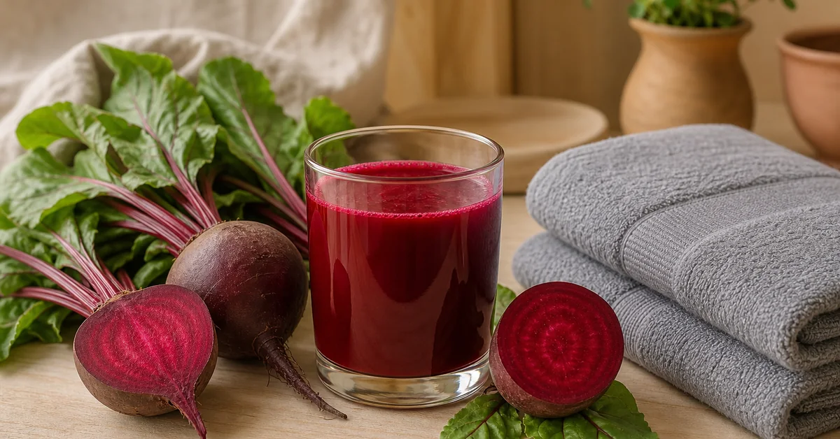 Ein Glas tiefroter Rote-Bete-Saft neben frischen Knollen mit Grün und einem Paar Laufschuhe auf einem hellen Holztisch