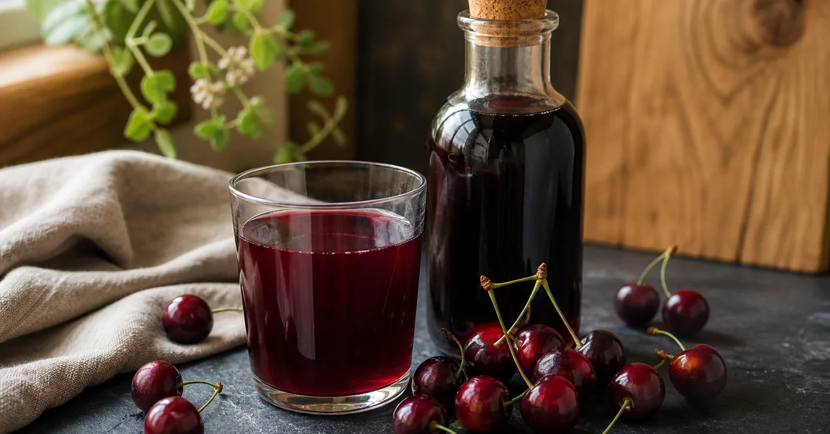 Ein Glas mit dunkelrotem Sauerkirschsaft neben frischen Sauerkirschen und Laufschuhen auf einem hellen Holztisch