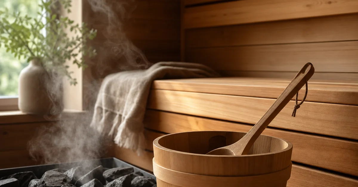 Holzsauna mit aufgehängtem Handtuch und Aufgusskelle, im Vordergrund auf der Bank eine dampfende Teetasse und Papiertaschentücher