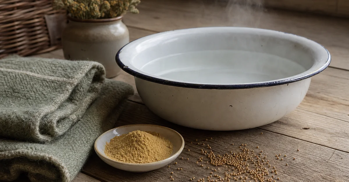 Bloße Füße in einer Schüssel mit trübem Wasser, daneben eine Holzschale mit gelbem Senfmehl und ein Löffel auf hellem Tuch