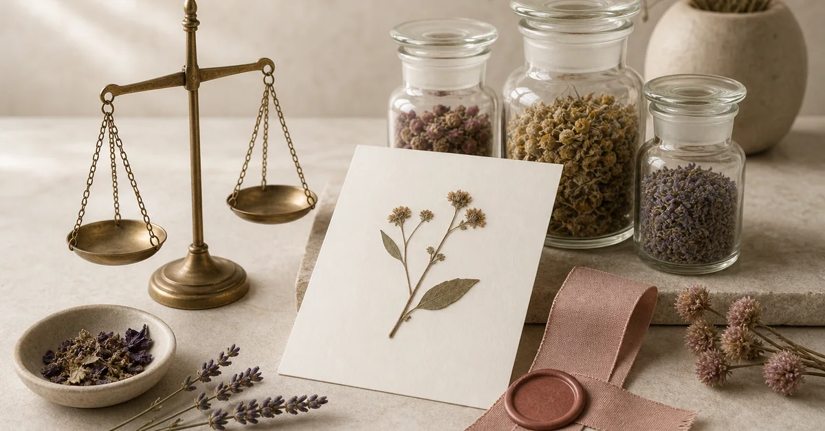 Ruhige Auslage mit getrockneten Heilkräutern, Notizbuch und Teetasse in warmen Erdtönen – Sinnbild für sorgfältige, seriöse Naturheilkunde.