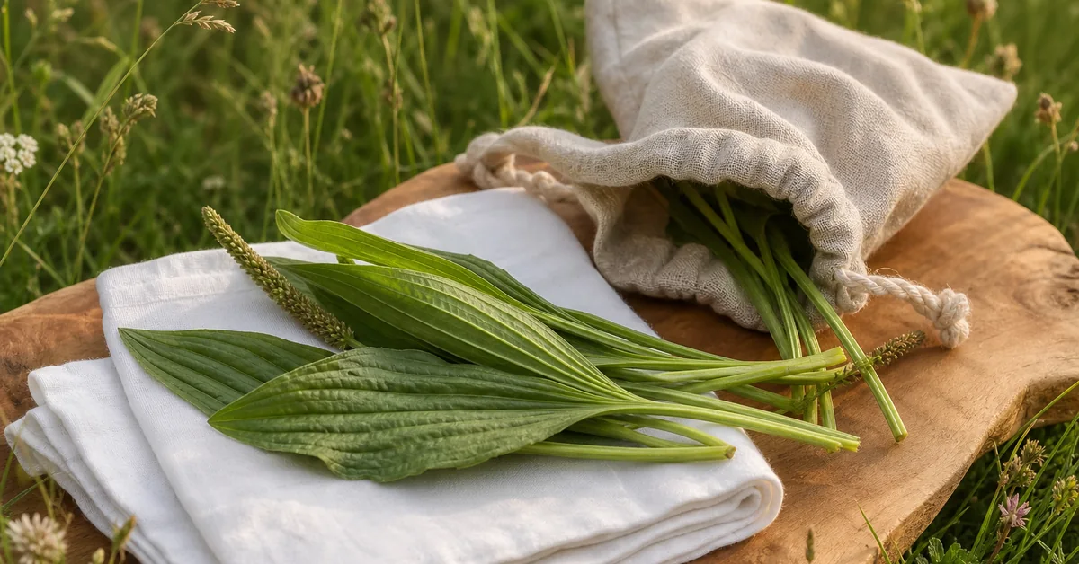 Frische Spitzwegerich-Blätter mit deutlichen Längsrippen, zwischen Fingern zerrieben, daneben ein kleines Braunglas-Roll-on-Fläschchen auf sommerlicher Wiese