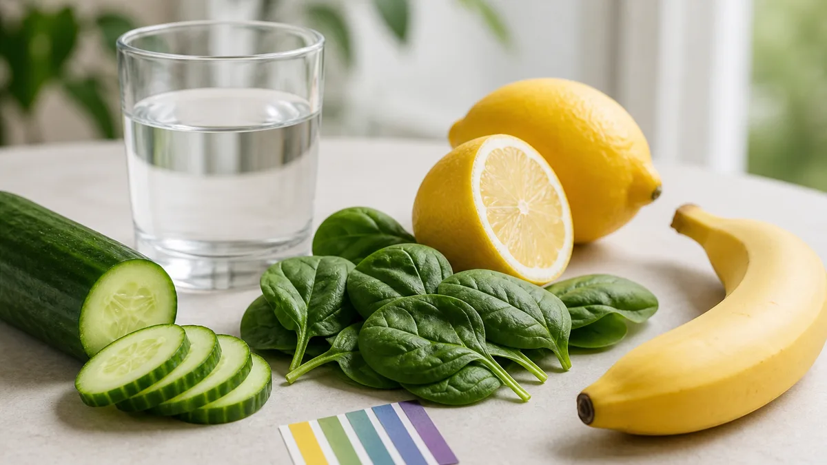 Farbenfrohe Schale mit Gemüse, Blattsalat, Zitrone und Kräutern neben einem Glas Wasser auf einem hellen Küchentisch