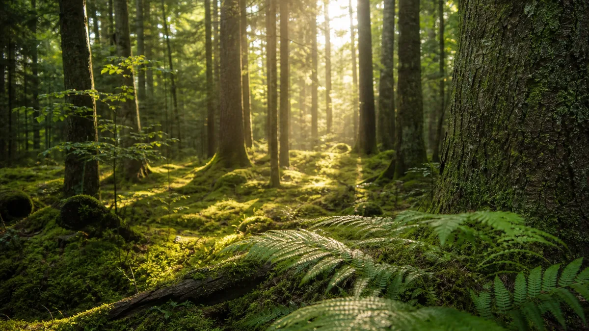Weiches Sonnenlicht fällt durch hohe Bäume auf einen moosbedeckten Waldboden mit einem schmalen Pfad in einem ruhigen Mischwald