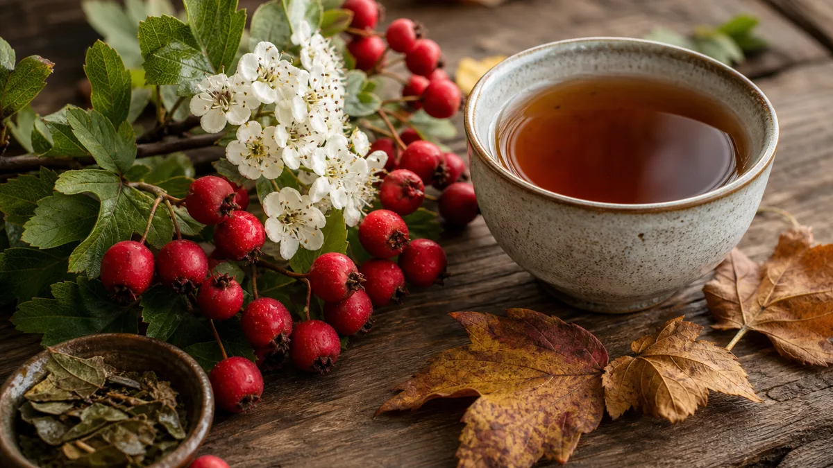Weißdornzweig mit weißen Blüten und roten Beeren neben einer dampfenden Teetasse und Kapseln auf einem hellen Holztisch