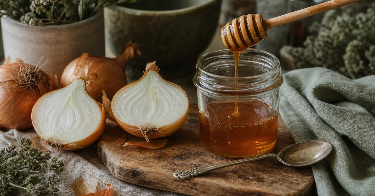 Aufgeschnittene Zwiebel, ein Einmachglas mit goldenem Sirup und ein Löffel Honig auf einem Holzbrett in der Küche